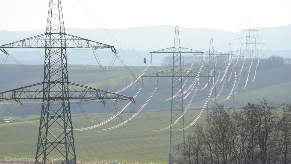 Freileitungsmaste in grüner Umgebung