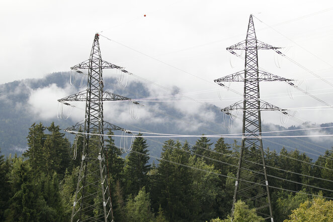 Two transmission masts surrounded by wood