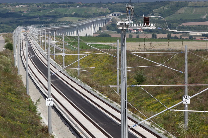 Bahnstrecke Erfurt - Leipzig/Halle Abschnitt der elektrifizierten Bahnstrecke Erfurt - Leizpig/Halle, umgeben von grünen Feldern